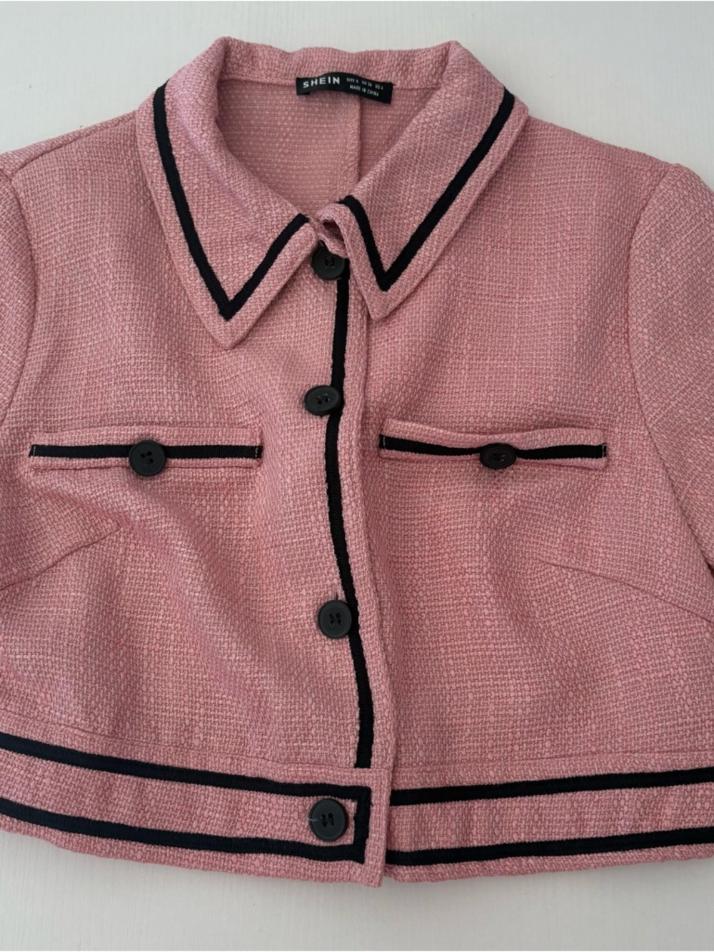 Pink Tweed Cropped Jacket with Black Trim size S